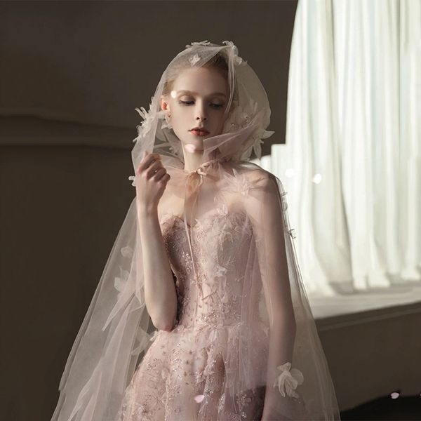 

light pink evening dresses cloak cape sequined strapless applique elegant temperament tulle long fairy banquet party prom gowns, Black;red