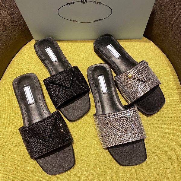 

rhinestone padded satin slippers crystal embellished slides summer sandals shoes triangle logo flats sandal women luxury designer slide slip, Black
