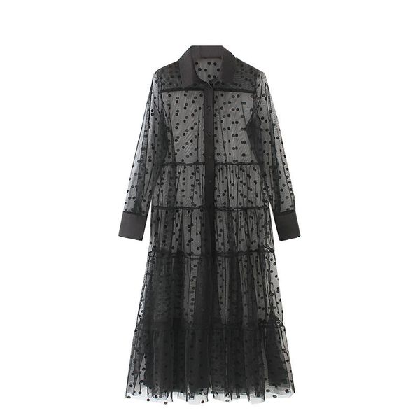 

casual dresses women beach dress cover up turn down collar transparent party shirts see through polka dot lace long blouses shirts 230228, Black;gray