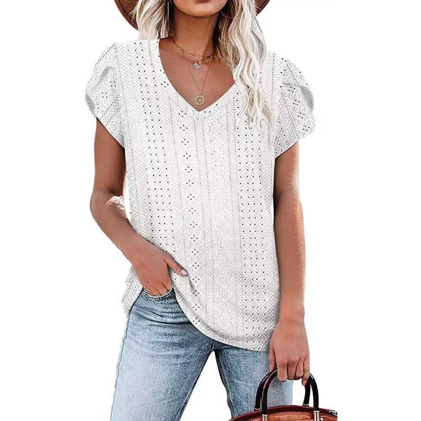 

2023 summer woman solid v neck short sleeve loose short sleeve t-shirt women women's knitwear nb5d, White