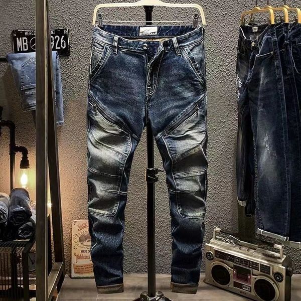 

men's jeans autumn winter stylish straight cargo vintage designer clothes denim long korean fashion men motorcycle work stretch trouser, Blue