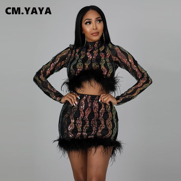 

two piece dress cmyaya sequined feather patchwork women midi mini skirt suit and long sleeve winter matching two 2 piece set outfits 230228, White