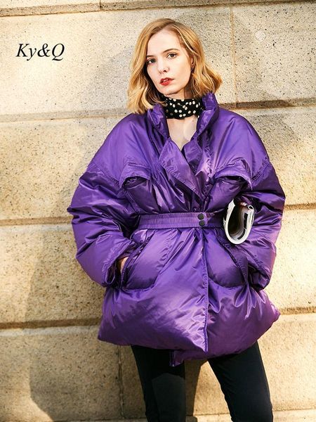 

women's wool blends french highend purple elegant white duck feather overcoat for women winter gather waist street shooting luxury warm, Black