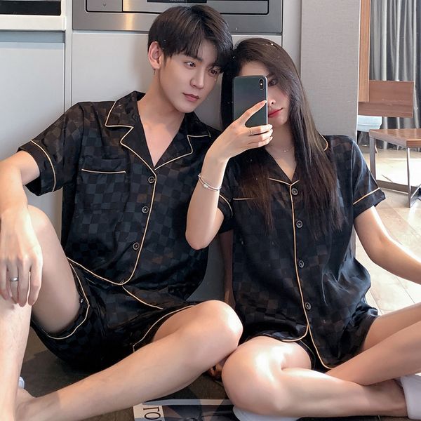 

womens sleepwear summer womens ice silk pyjamas short sleeve shorts gentleman checked print satin sleepwear casual man rayon homewear suit 2, Black;red