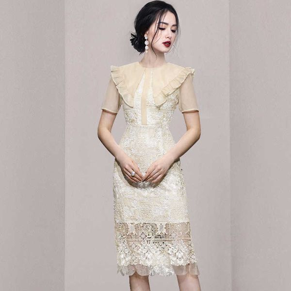 

women's casual dresses summer fairy elegant ear edge doll neck heavy cut lace slim ruffle dresses, Black;gray