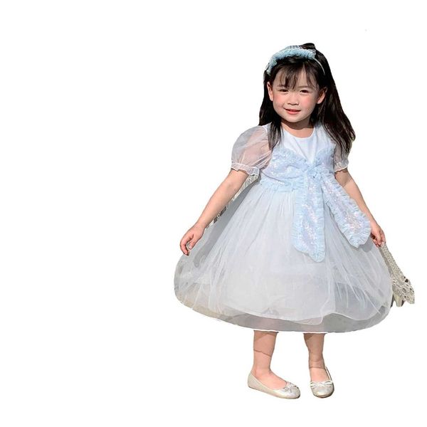 

chil1en's clothes 2023 autumn clothes new girls' short-sleeved gauze 1ess gift big bow princess skirt, Blue