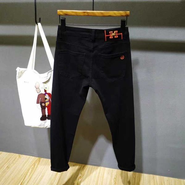 

men's jeans designer fashion brand embroidery elastic slim fit pants popular youth black spring and autumn leisure, Blue