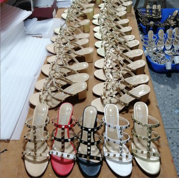 

summer studded women sandals lady slippers leather open toe high heels 3 straps chunky heels rivets classics shoes with box, Black