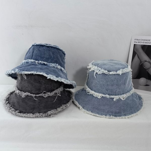 

women's summer holiday designer bucket hat denim material washable old style letter print wide brim hats, Blue;gray