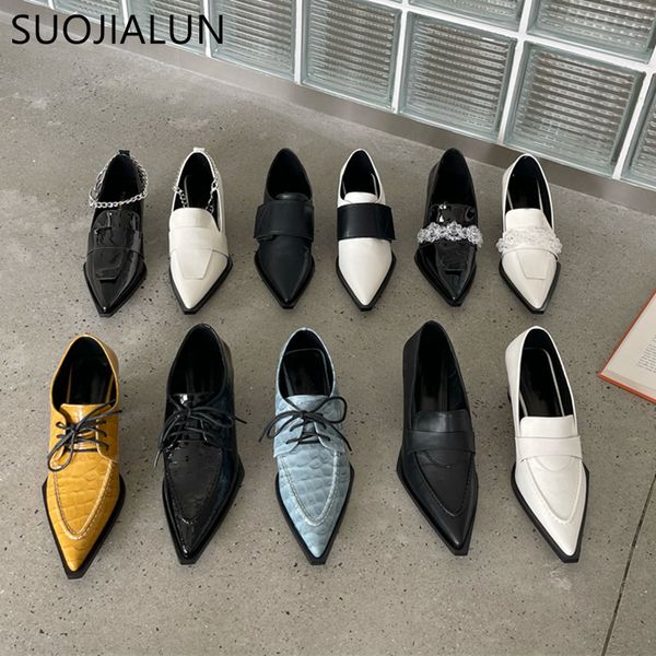 

dress shoes suojialun brand women pumps fashion low round heel ladies slingback pointed toe slip on oxford shoes casual office shoe 230228, Black