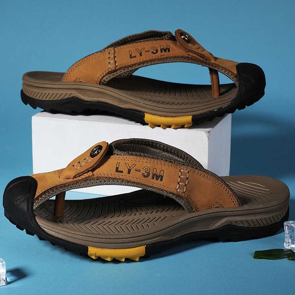 

slippers mens casual slippers 2022 new summer fashion outdoor beach flat shoes cow leather sandals for men flip-flops with y2302, Black