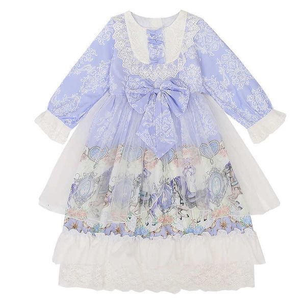 

girls' long sleeved lolita spring and autumn new chil1en's skirt chil1en's foreign 1ess lace princess skirt, Blue