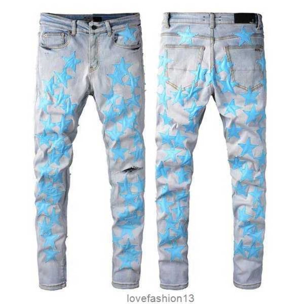 

2023 linen pants mens denim embroidery pants fashion holes trouser us size 28-40 hip hop distressed zipper for male, Blue