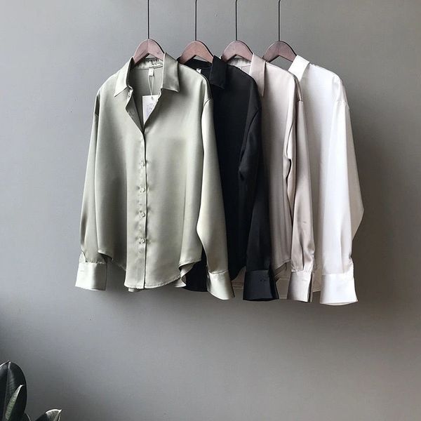 

white shirt women's spring and summer design sense small number satin shirt versatile vintage hong kong style long-sleeved draped blous