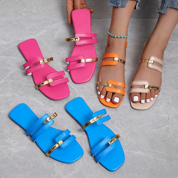 

slippers women's 2022summer gold color thin belt combination square head flat heel female plus size outdoor beach women sandals y2302, Black