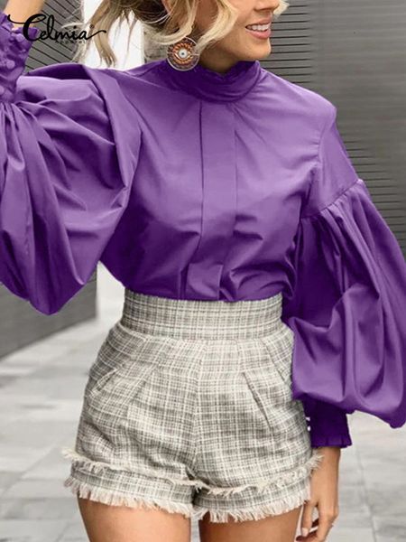

women's blouses shirts celmia big lantern sleeve women blouses elegant streetwear party white shirts fashion stand collar casual loose