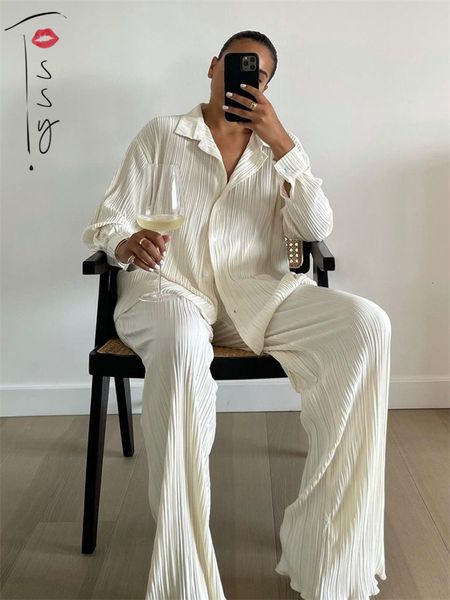 

womens two piece pants tossy luxury pleated set oversized turn down collar shirt and s casual high street 230227, White