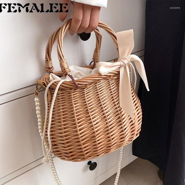 

shoulder bags fashion ladies summer bucket rattan pearl luxury women messenger purses woven hollow straw for