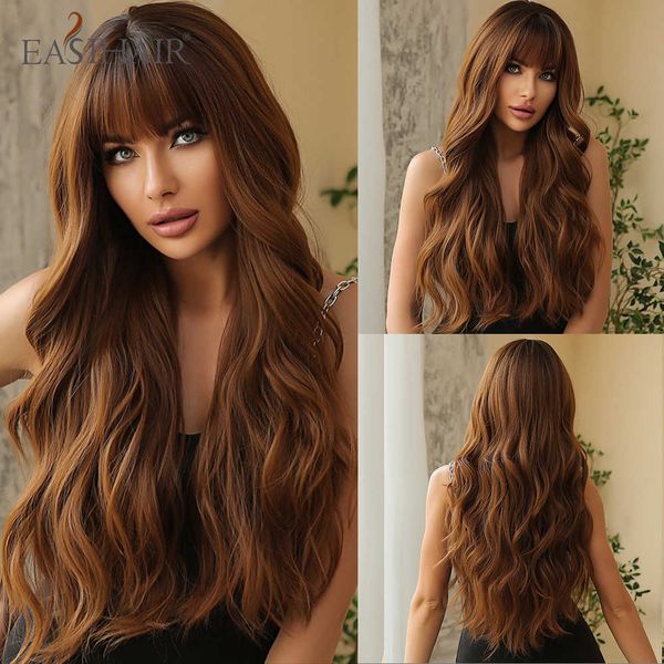 

synthetic wigs easihair long wavy brown ombre synthetic hair wigs women with bangs dark root natural wig cosplay use heat resistant fake hai, Black