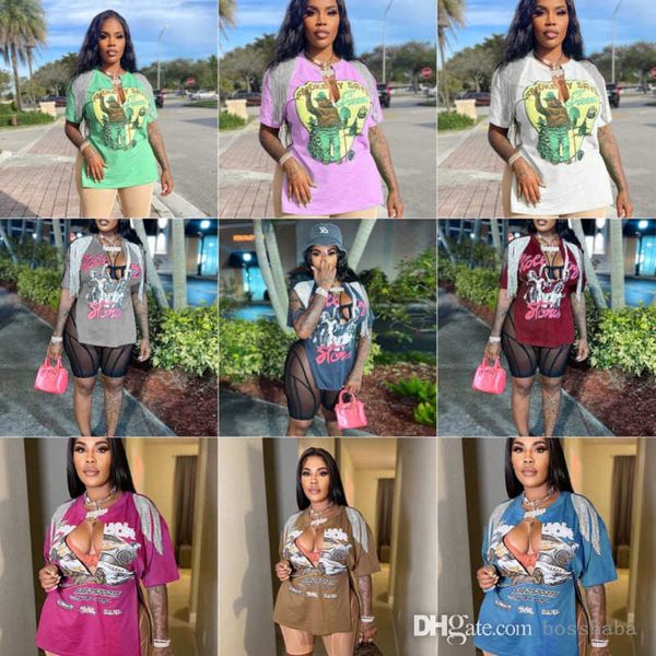 

women t shirt designer clothing 2023 spring new printed round neck tassel side split 9 colours s-xxl, White
