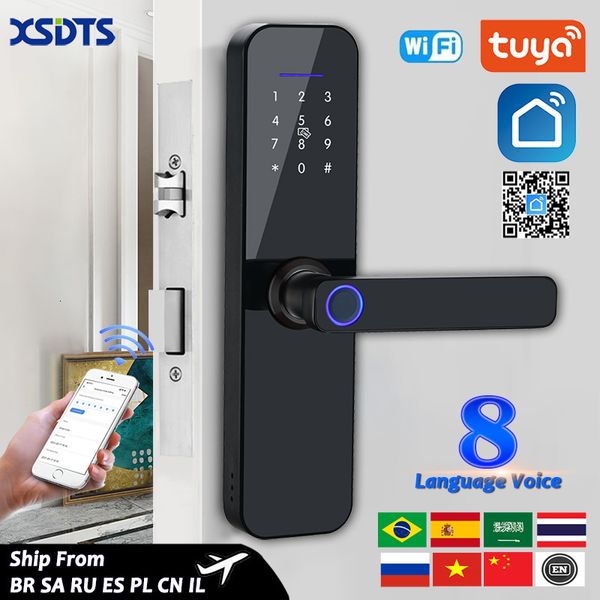 

smart lock tuya wifi electronic door with biometric fingerprint card password key unlock usb emergency charge 230227