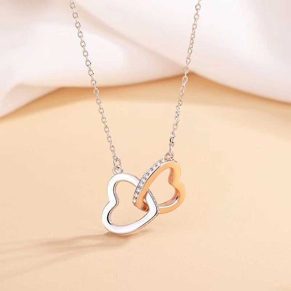 

heart to heart double ring simple and slightly inlaid love pendant necklace women's luxury clavicle chain, Silver
