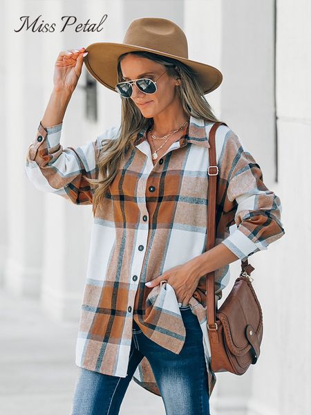 

women's blouses shirts miss petal brown plaid long sleeve blouse for woman casual button up shirts spring autumn blouses streetwear 230, White