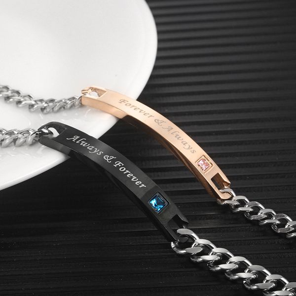 

diamond-inlaid fashion chain hand brand trend bend brand personality diy engraved logo stainless steel couple bracelet, Black