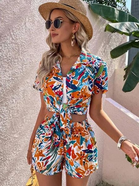 

womens two piece pants printed casual women two piece set summer fashion short sleeve shirts with mini shorts outfits female lady suits 230, White