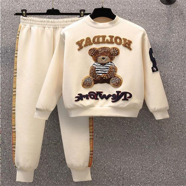 

womens two piece pants women casual tracksuits womens two piece set spring autumn new long sleeve stitching sweatsuit girl bear jogging hcbp, White