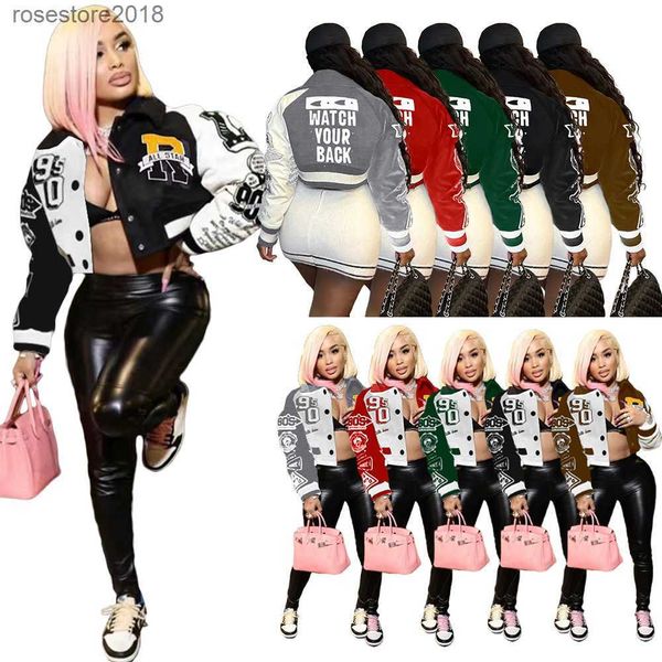 

2023 women letter printed double threaded baseball jacket desinger cropped patchwork button letterman jackets, Black;brown