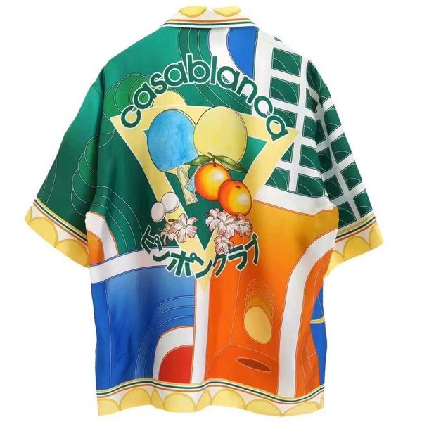 

casablanca hawaii beach shirt men and women fashion silk indian fruit table tennis racket temperament satin short sleeve shirt, White;black
