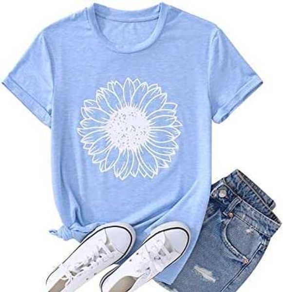 

women's summer sunflower t shirt cute flower graphic loose tees crew neck short sleeve casual women cotton blouseio1f, White