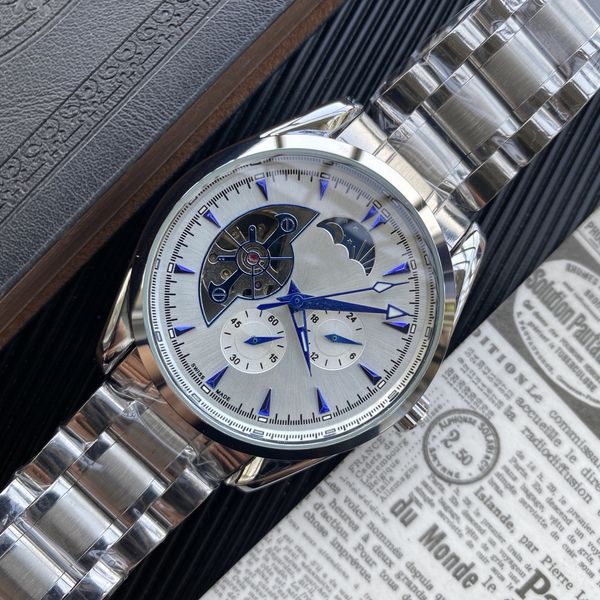 

deluxe fashion men's five-pin series wrist watches automatic mechanical watch designer watch luxury brand stainless steel strap om moon, Slivery;brown