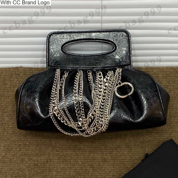 

cc brand totes womens sparkling tassel dinner totes bags frog mouth genuine leather handle clutch silver metal chain evening bag french luxu
