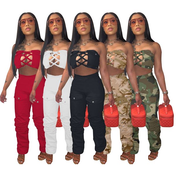 

2023 designer summer tracksuits women outfits two piece sets bandage strapless tank and pants sportswear casual camo sweatsuits, Gray