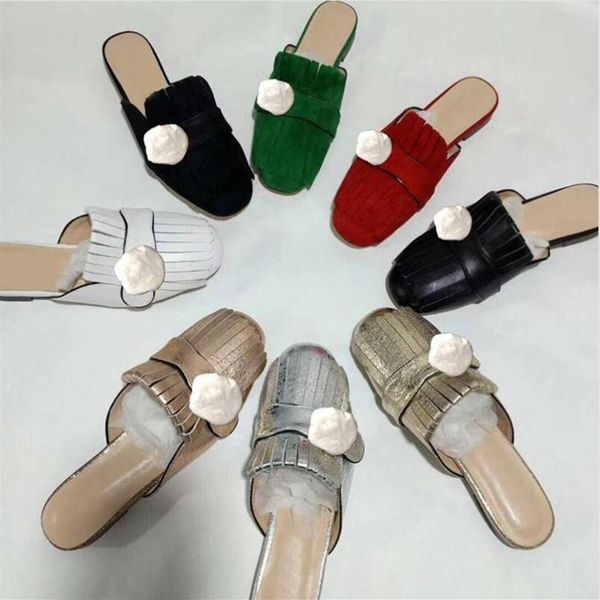 

classic leather slippers one-word slippers flat-soled half-slippers fringed metal buckled sandals designer ladies shoes large size224b, Black