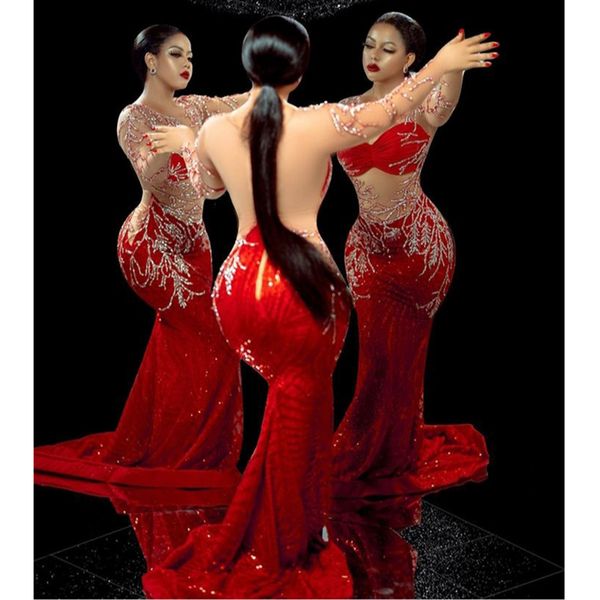 

red mermaid prom dresses sheer neck long sleeves backless formal party evening gowns with lace appliques evening dresses, Black