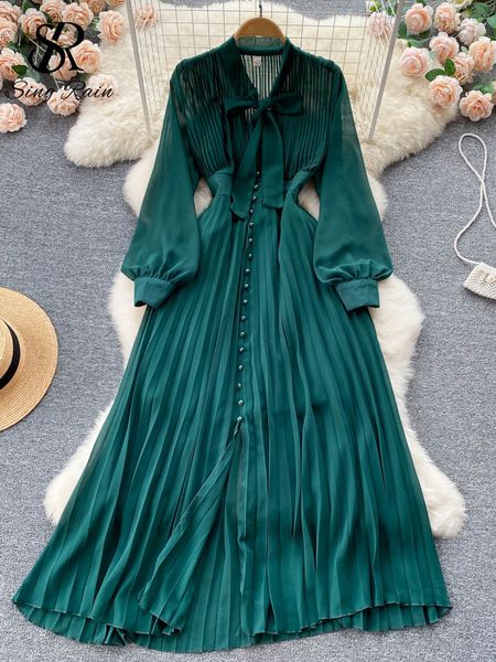 

casual dresses singreiny pleated bow women split dress solid summer temperament single breasted ladies a line slim ruffled dresses 230228, Black;gray