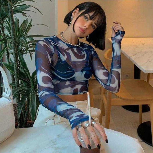 

fashion designer womens american hip hop t shirt street clothing slim long sleeve y2k style see-through clothings, White