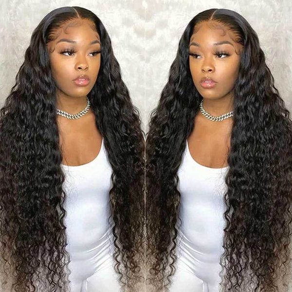 

synthetic wigs 13x4 deep wave hd transparent lace frontal wigs for women 32inch 180% human hair peruvian curly front wig jarin 230227, Black