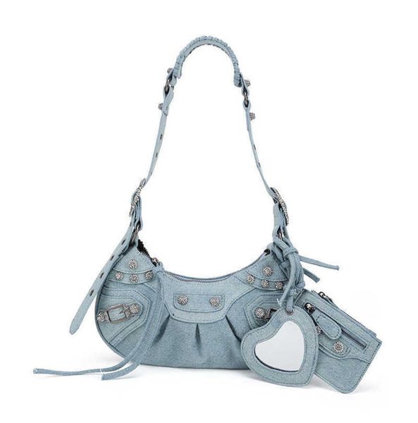 

designer bag balencigas22 new motorcycle bag denim armpit bag with drill rivets three in one crocodile pattern crescent cross body women&#03