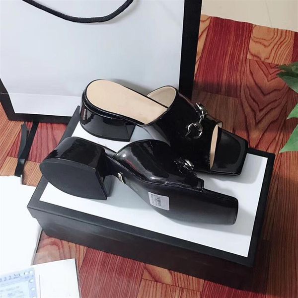 

classic designer women slippers cowhide 100% bright lacquer leather thick heels metal woman shoe beach lazy sandals high heeled sh237y, Black