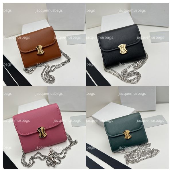 

triomphe calfskin luxury designer chain wallet with one shoulder leather card holder metallic snap button closure womens purse gold finishin, Red;black