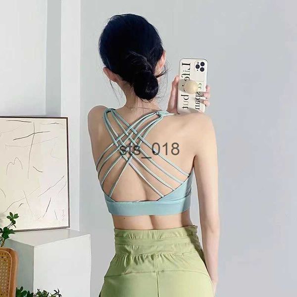

yoga outfit lu113 shockproof cross straps bra yoga outfit running gym sport tank widen hem push up workout fitness undershirt women crop t23