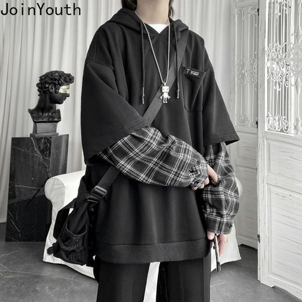 

womens hoodies sweatshirts clothing fake two patchwork plaid hooded oversized korean y2k clothes for teens harajuku casual sweatshirt 23022, Black