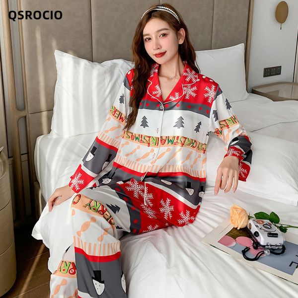 

womens sleepwear qsrocio womens pajamas set christmas print homewear silk like sleepwear casual home clothes luxury nightwear femme 230228, Black;red