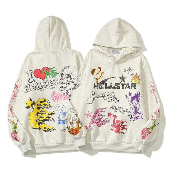 

fashion brand luxury chaogao street new hell-star skull graffiti print hoodie men's and women's, Black