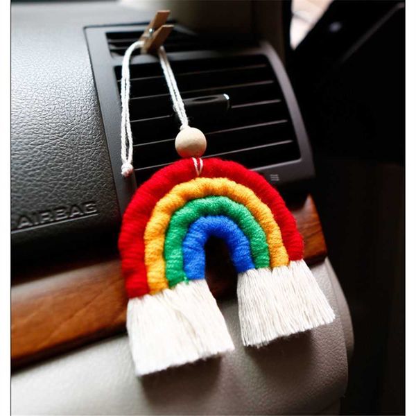 

interior decorations boho rainbow rear view mirror wooden bead braids wall decor hanging colorful handmade weaving car ornament r230228