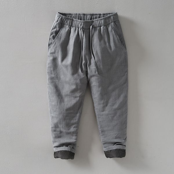 

men's pants cotton linen men comfortable thicken pants winter cozy fashion elastic waist retro loose casual warm fleece ramie padded tr, Black
